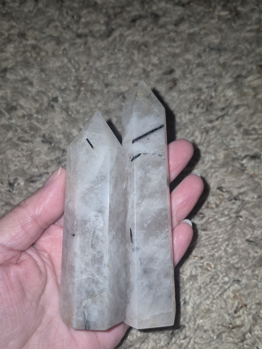 Clear Quartz Tower Pair with Black Tourmaline Inclusions - White/Grey